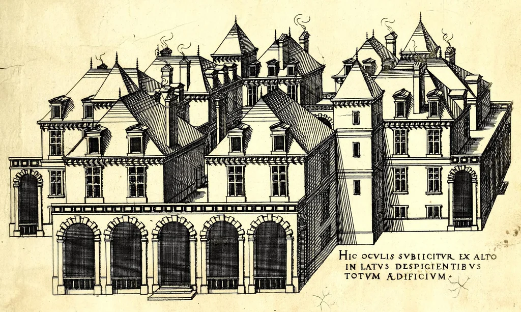 An illustration from De architectura Iacobi Androuetii du Cerceau, opus : quo descriptae sunt aedificiorum quinquaginta planè dissimilium ichnographiae, in omnium non modò potentiorum, sed etiam mediocrium & tenuiorum gratia[m], quos aedificandi studium oblectat: adiunctâ vsus & commoditatis in habitationibus singulis expositione, vnà cum integra cuisque aedificij dimensione. Hûc accedit breuis explicatio de structurarum, quibus aedifica constant, dimensione per orgyiam, que Gallica est architectorum mensura, sex longa pedes: quâ certè methodo nemo non aedificia quaevis metiri, & futuri in aedificando sumptus rationem secum inire poterit .., 1559, leaf 161