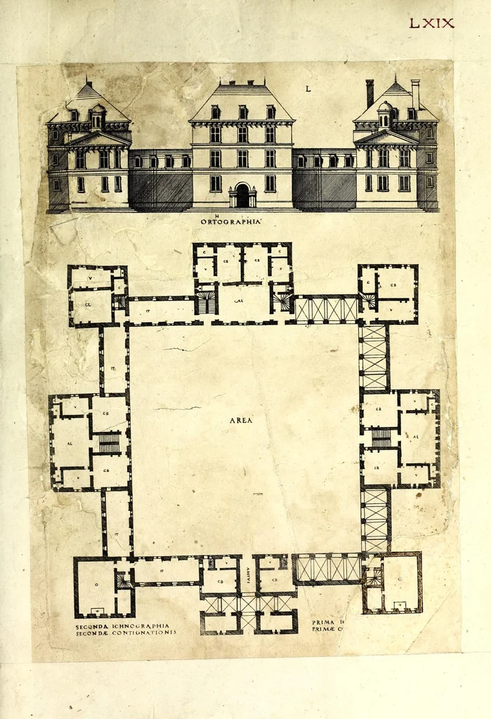 An illustration from De architectura Iacobi Androuetii du Cerceau, opus : quo descriptae sunt aedificiorum quinquaginta planè dissimilium ichnographiae, in omnium non modò potentiorum, sed etiam mediocrium & tenuiorum gratia[m], quos aedificandi studium oblectat: adiunctâ vsus & commoditatis in habitationibus singulis expositione, vnà cum integra cuisque aedificij dimensione. Hûc accedit breuis explicatio de structurarum, quibus aedifica constant, dimensione per orgyiam, que Gallica est architectorum mensura, sex longa pedes: quâ certè methodo nemo non aedificia quaevis metiri, & futuri in aedificando sumptus rationem secum inire poterit .., 1559, leaf 175