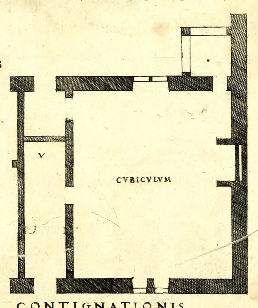 An illustration from De architectura Iacobi Androuetii du Cerceau, opus : quo descriptae sunt aedificiorum quinquaginta planè dissimilium ichnographiae, in omnium non modò potentiorum, sed etiam mediocrium & tenuiorum gratia[m], quos aedificandi studium oblectat: adiunctâ vsus & commoditatis in habitationibus singulis expositione, vnà cum integra cuisque aedificij dimensione. Hûc accedit breuis explicatio de structurarum, quibus aedifica constant, dimensione per orgyiam, que Gallica est architectorum mensura, sex longa pedes: quâ certè methodo nemo non aedificia quaevis metiri, & futuri in aedificando sumptus rationem secum inire poterit .., 1559, leaf 39