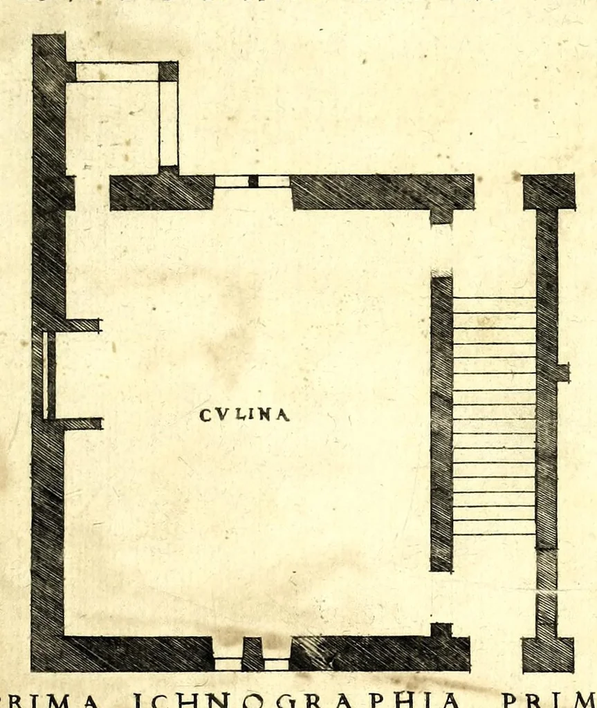 An illustration from De architectura Iacobi Androuetii du Cerceau, opus : quo descriptae sunt aedificiorum quinquaginta planè dissimilium ichnographiae, in omnium non modò potentiorum, sed etiam mediocrium & tenuiorum gratia[m], quos aedificandi studium oblectat: adiunctâ vsus & commoditatis in habitationibus singulis expositione, vnà cum integra cuisque aedificij dimensione. Hûc accedit breuis explicatio de structurarum, quibus aedifica constant, dimensione per orgyiam, que Gallica est architectorum mensura, sex longa pedes: quâ certè methodo nemo non aedificia quaevis metiri, & futuri in aedificando sumptus rationem secum inire poterit .., 1559, leaf 39