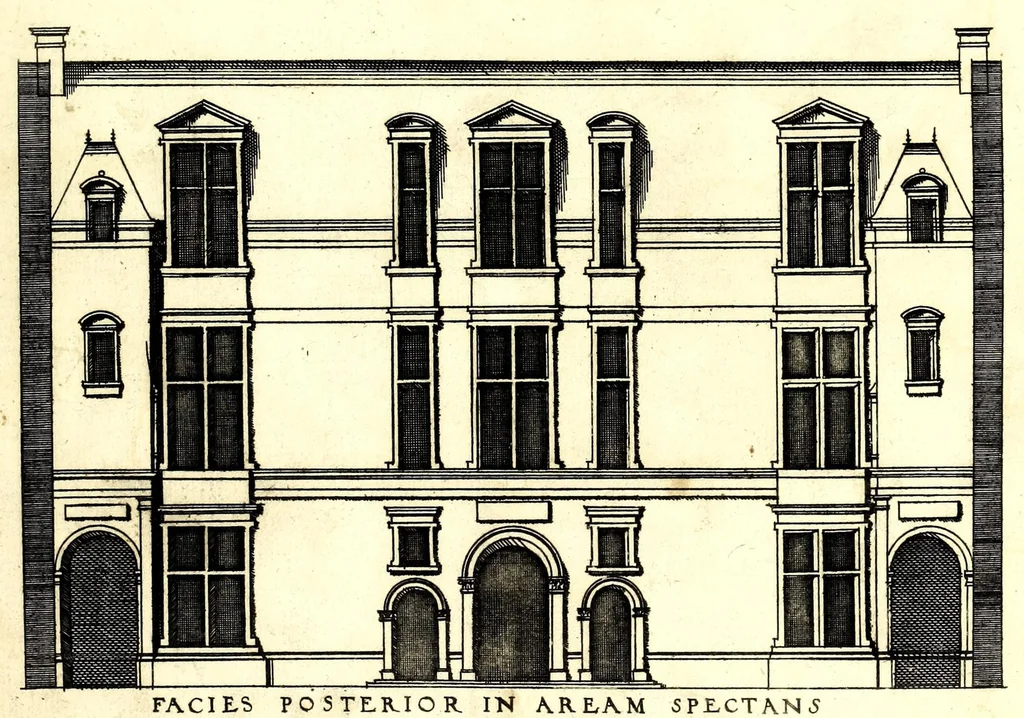 An illustration from De architectura Iacobi Androuetii du Cerceau, opus : quo descriptae sunt aedificiorum quinquaginta planè dissimilium ichnographiae, in omnium non modò potentiorum, sed etiam mediocrium & tenuiorum gratia[m], quos aedificandi studium oblectat: adiunctâ vsus & commoditatis in habitationibus singulis expositione, vnà cum integra cuisque aedificij dimensione. Hûc accedit breuis explicatio de structurarum, quibus aedifica constant, dimensione per orgyiam, que Gallica est architectorum mensura, sex longa pedes: quâ certè methodo nemo non aedificia quaevis metiri, & futuri in aedificando sumptus rationem secum inire poterit .., 1559, leaf 41
