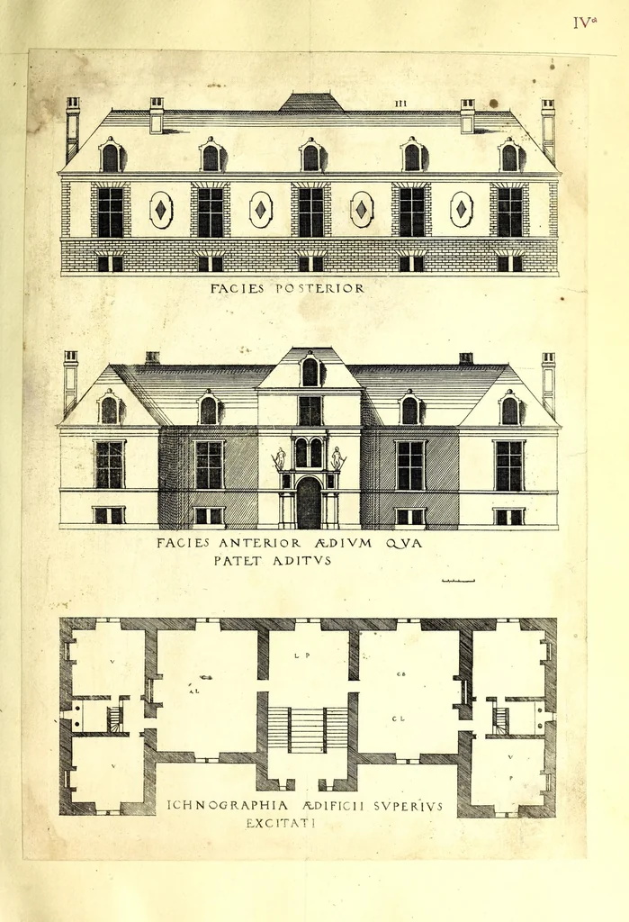 An illustration from De architectura Iacobi Androuetii du Cerceau, opus : quo descriptae sunt aedificiorum quinquaginta planè dissimilium ichnographiae, in omnium non modò potentiorum, sed etiam mediocrium & tenuiorum gratia[m], quos aedificandi studium oblectat: adiunctâ vsus & commoditatis in habitationibus singulis expositione, vnà cum integra cuisque aedificij dimensione. Hûc accedit breuis explicatio de structurarum, quibus aedifica constant, dimensione per orgyiam, que Gallica est architectorum mensura, sex longa pedes: quâ certè methodo nemo non aedificia quaevis metiri, & futuri in aedificando sumptus rationem secum inire poterit .., 1559, leaf 45