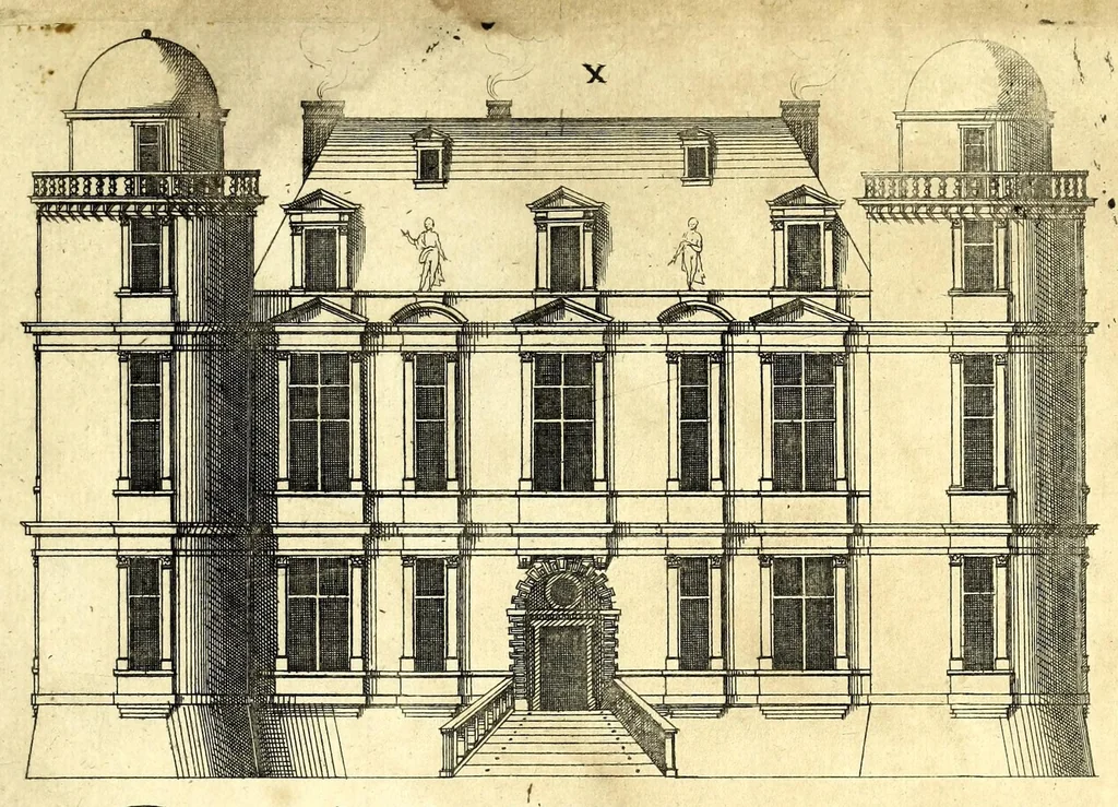 An illustration from De architectura Iacobi Androuetii du Cerceau, opus : quo descriptae sunt aedificiorum quinquaginta planè dissimilium ichnographiae, in omnium non modò potentiorum, sed etiam mediocrium & tenuiorum gratia[m], quos aedificandi studium oblectat: adiunctâ vsus & commoditatis in habitationibus singulis expositione, vnà cum integra cuisque aedificij dimensione. Hûc accedit breuis explicatio de structurarum, quibus aedifica constant, dimensione per orgyiam, que Gallica est architectorum mensura, sex longa pedes: quâ certè methodo nemo non aedificia quaevis metiri, & futuri in aedificando sumptus rationem secum inire poterit .., 1559, leaf 59