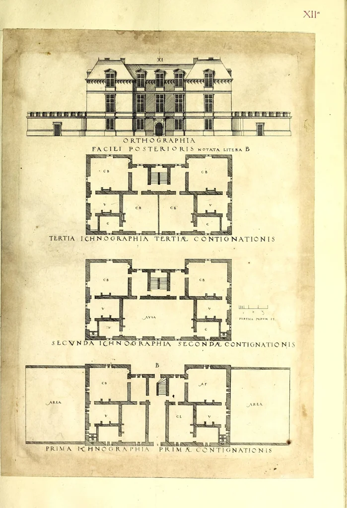 An illustration from De architectura Iacobi Androuetii du Cerceau, opus : quo descriptae sunt aedificiorum quinquaginta planè dissimilium ichnographiae, in omnium non modò potentiorum, sed etiam mediocrium & tenuiorum gratia[m], quos aedificandi studium oblectat: adiunctâ vsus & commoditatis in habitationibus singulis expositione, vnà cum integra cuisque aedificij dimensione. Hûc accedit breuis explicatio de structurarum, quibus aedifica constant, dimensione per orgyiam, que Gallica est architectorum mensura, sex longa pedes: quâ certè methodo nemo non aedificia quaevis metiri, & futuri in aedificando sumptus rationem secum inire poterit .., 1559, leaf 61