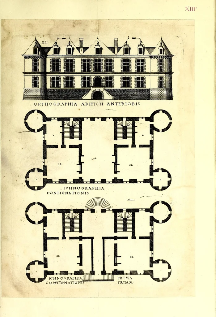 An illustration from De architectura Iacobi Androuetii du Cerceau, opus : quo descriptae sunt aedificiorum quinquaginta planè dissimilium ichnographiae, in omnium non modò potentiorum, sed etiam mediocrium & tenuiorum gratia[m], quos aedificandi studium oblectat: adiunctâ vsus & commoditatis in habitationibus singulis expositione, vnà cum integra cuisque aedificij dimensione. Hûc accedit breuis explicatio de structurarum, quibus aedifica constant, dimensione per orgyiam, que Gallica est architectorum mensura, sex longa pedes: quâ certè methodo nemo non aedificia quaevis metiri, & futuri in aedificando sumptus rationem secum inire poterit .., 1559, leaf 63