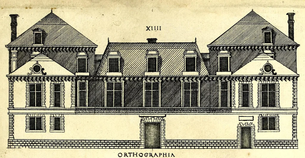 An illustration from De architectura Iacobi Androuetii du Cerceau, opus : quo descriptae sunt aedificiorum quinquaginta planè dissimilium ichnographiae, in omnium non modò potentiorum, sed etiam mediocrium & tenuiorum gratia[m], quos aedificandi studium oblectat: adiunctâ vsus & commoditatis in habitationibus singulis expositione, vnà cum integra cuisque aedificij dimensione. Hûc accedit breuis explicatio de structurarum, quibus aedifica constant, dimensione per orgyiam, que Gallica est architectorum mensura, sex longa pedes: quâ certè methodo nemo non aedificia quaevis metiri, & futuri in aedificando sumptus rationem secum inire poterit .., 1559, leaf 67