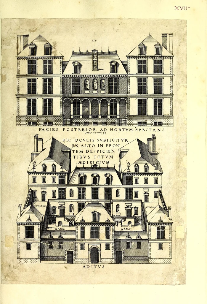 An illustration from De architectura Iacobi Androuetii du Cerceau, opus : quo descriptae sunt aedificiorum quinquaginta planè dissimilium ichnographiae, in omnium non modò potentiorum, sed etiam mediocrium & tenuiorum gratia[m], quos aedificandi studium oblectat: adiunctâ vsus & commoditatis in habitationibus singulis expositione, vnà cum integra cuisque aedificij dimensione. Hûc accedit breuis explicatio de structurarum, quibus aedifica constant, dimensione per orgyiam, que Gallica est architectorum mensura, sex longa pedes: quâ certè methodo nemo non aedificia quaevis metiri, & futuri in aedificando sumptus rationem secum inire poterit .., 1559, leaf 71
