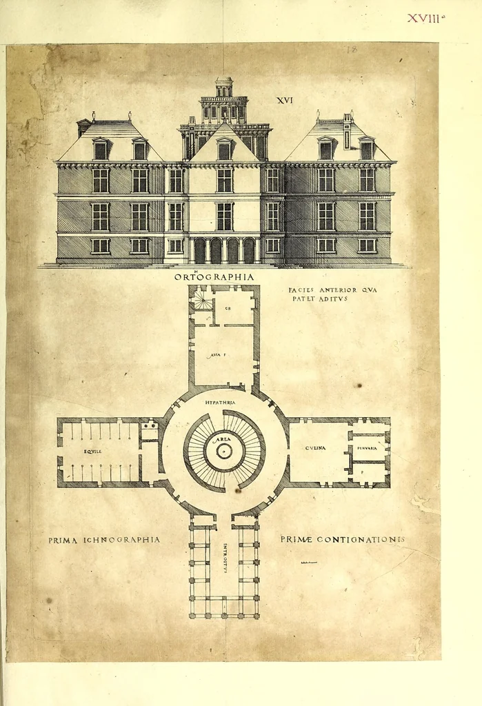 An illustration from De architectura Iacobi Androuetii du Cerceau, opus : quo descriptae sunt aedificiorum quinquaginta planè dissimilium ichnographiae, in omnium non modò potentiorum, sed etiam mediocrium & tenuiorum gratia[m], quos aedificandi studium oblectat: adiunctâ vsus & commoditatis in habitationibus singulis expositione, vnà cum integra cuisque aedificij dimensione. Hûc accedit breuis explicatio de structurarum, quibus aedifica constant, dimensione per orgyiam, que Gallica est architectorum mensura, sex longa pedes: quâ certè methodo nemo non aedificia quaevis metiri, & futuri in aedificando sumptus rationem secum inire poterit .., 1559, leaf 73