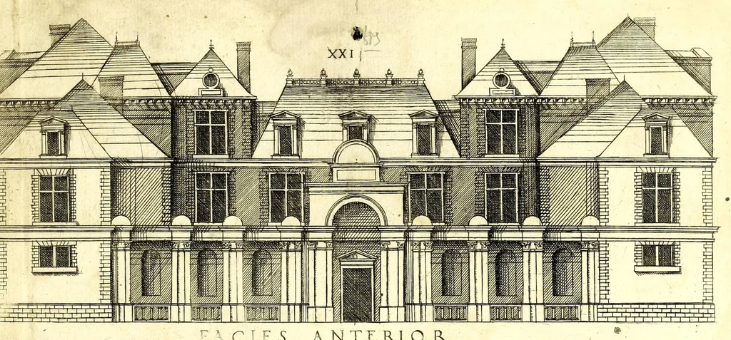An illustration from De architectura Iacobi Androuetii du Cerceau, opus : quo descriptae sunt aedificiorum quinquaginta planè dissimilium ichnographiae, in omnium non modò potentiorum, sed etiam mediocrium & tenuiorum gratia[m], quos aedificandi studium oblectat: adiunctâ vsus & commoditatis in habitationibus singulis expositione, vnà cum integra cuisque aedificij dimensione. Hûc accedit breuis explicatio de structurarum, quibus aedifica constant, dimensione per orgyiam, que Gallica est architectorum mensura, sex longa pedes: quâ certè methodo nemo non aedificia quaevis metiri, & futuri in aedificando sumptus rationem secum inire poterit .., 1559, leaf 91