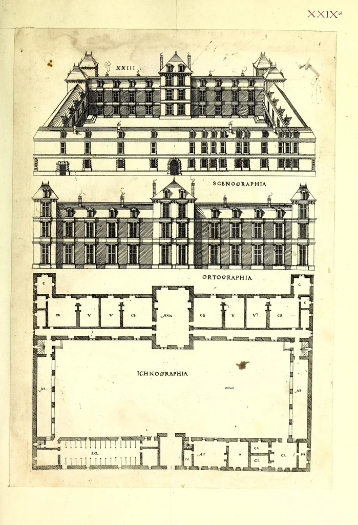 An illustration from De architectura Iacobi Androuetii du Cerceau, opus : quo descriptae sunt aedificiorum quinquaginta planè dissimilium ichnographiae, in omnium non modò potentiorum, sed etiam mediocrium & tenuiorum gratia[m], quos aedificandi studium oblectat: adiunctâ vsus & commoditatis in habitationibus singulis expositione, vnà cum integra cuisque aedificij dimensione. Hûc accedit breuis explicatio de structurarum, quibus aedifica constant, dimensione per orgyiam, que Gallica est architectorum mensura, sex longa pedes: quâ certè methodo nemo non aedificia quaevis metiri, & futuri in aedificando sumptus rationem secum inire poterit .., 1559, leaf 95