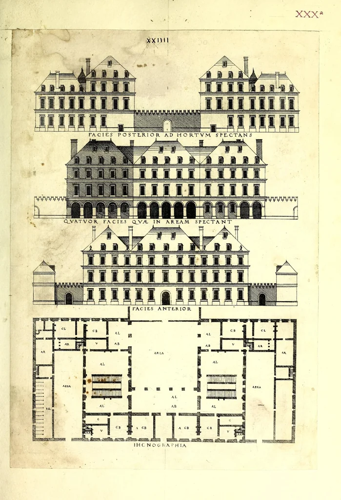 An illustration from De architectura Iacobi Androuetii du Cerceau, opus : quo descriptae sunt aedificiorum quinquaginta planè dissimilium ichnographiae, in omnium non modò potentiorum, sed etiam mediocrium & tenuiorum gratia[m], quos aedificandi studium oblectat: adiunctâ vsus & commoditatis in habitationibus singulis expositione, vnà cum integra cuisque aedificij dimensione. Hûc accedit breuis explicatio de structurarum, quibus aedifica constant, dimensione per orgyiam, que Gallica est architectorum mensura, sex longa pedes: quâ certè methodo nemo non aedificia quaevis metiri, & futuri in aedificando sumptus rationem secum inire poterit .., 1559, leaf 97