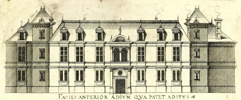 An illustration from De architectura Iacobi Androuetii du Cerceau, opus : quo descriptae sunt aedificiorum quinquaginta planè dissimilium ichnographiae, in omnium non modò potentiorum, sed etiam mediocrium & tenuiorum gratia[m], quos aedificandi studium oblectat: adiunctâ vsus & commoditatis in habitationibus singulis expositione, vnà cum integra cuisque aedificij dimensione. Hûc accedit breuis explicatio de structurarum, quibus aedifica constant, dimensione per orgyiam, que Gallica est architectorum mensura, sex longa pedes: quâ certè methodo nemo non aedificia quaevis metiri, & futuri in aedificando sumptus rationem secum inire poterit .., 1559, leaf 99