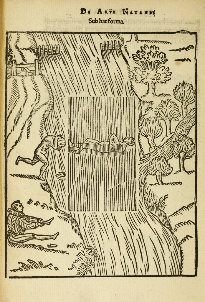 An illustration from De arte natandi libri duo : quorum prior regulas ipsius artis, posterior vero praxin demonstrationemque continet, 1587, leaf 100