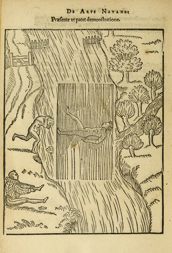 An illustration from De arte natandi libri duo : quorum prior regulas ipsius artis, posterior vero praxin demonstrationemque continet, 1587, leaf 102