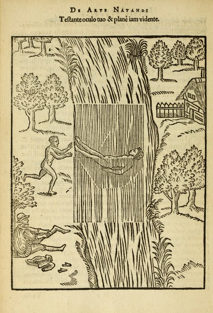 An illustration from De arte natandi libri duo : quorum prior regulas ipsius artis, posterior vero praxin demonstrationemque continet, 1587, leaf 108