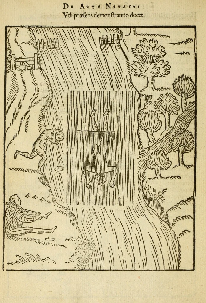 An illustration from De arte natandi libri duo : quorum prior regulas ipsius artis, posterior vero praxin demonstrationemque continet, 1587, leaf 112