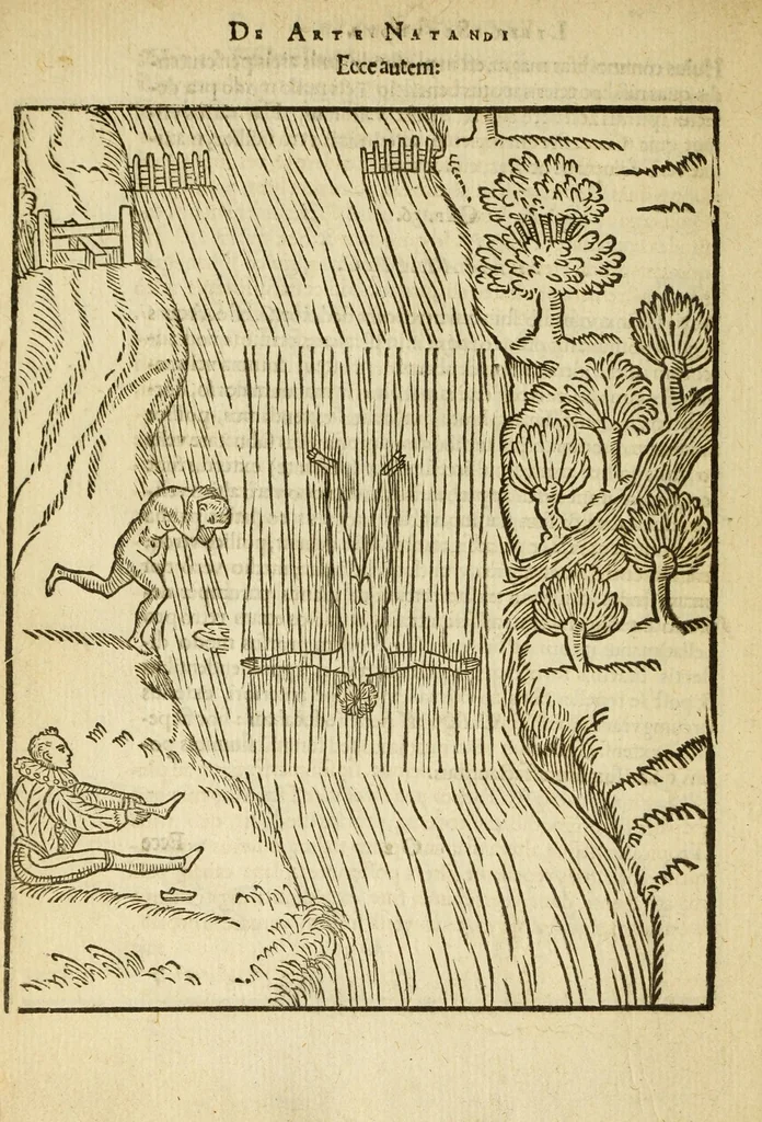 An illustration from De arte natandi libri duo : quorum prior regulas ipsius artis, posterior vero praxin demonstrationemque continet, 1587, leaf 114