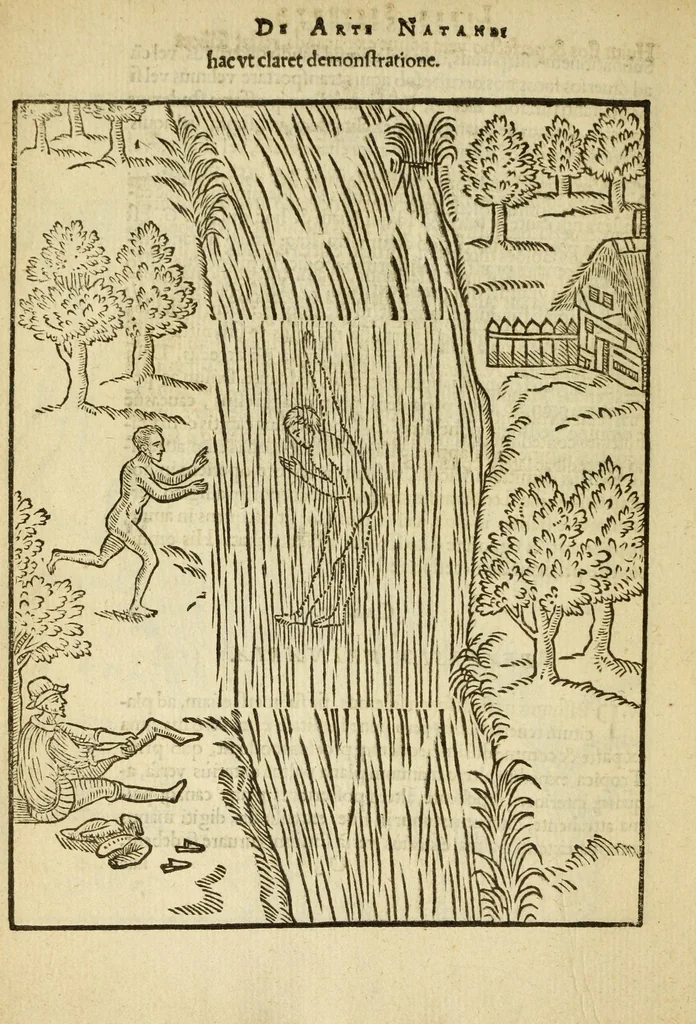 An illustration from De arte natandi libri duo : quorum prior regulas ipsius artis, posterior vero praxin demonstrationemque continet, 1587, leaf 116