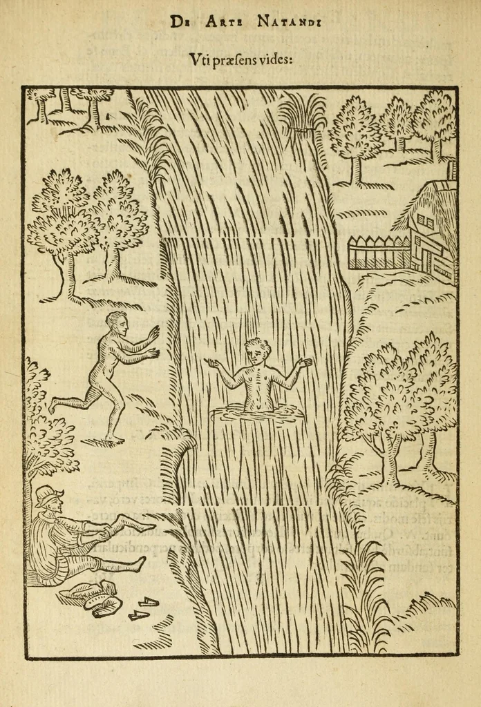An illustration from De arte natandi libri duo : quorum prior regulas ipsius artis, posterior vero praxin demonstrationemque continet, 1587, leaf 42