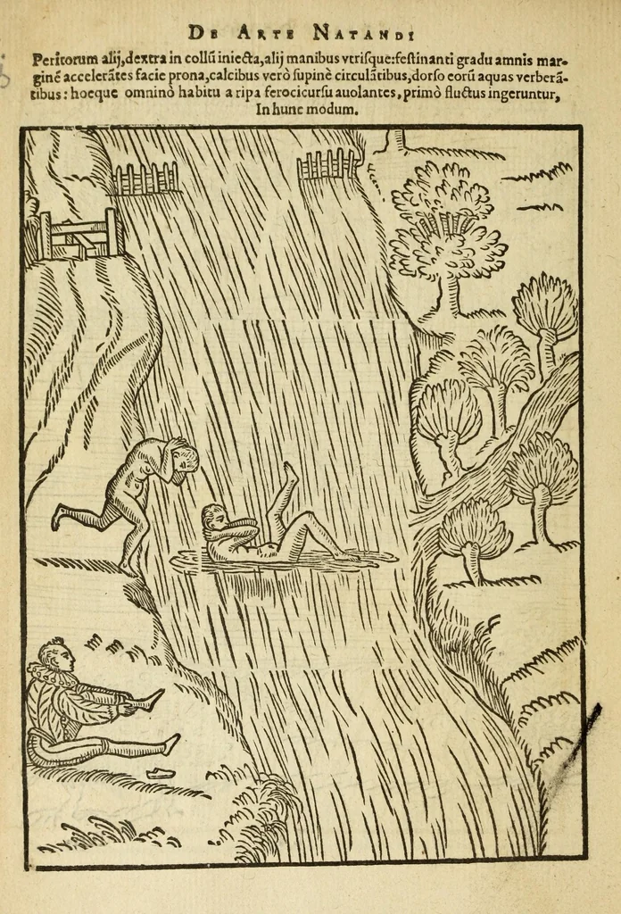 An illustration from De arte natandi libri duo : quorum prior regulas ipsius artis, posterior vero praxin demonstrationemque continet, 1587, leaf 44