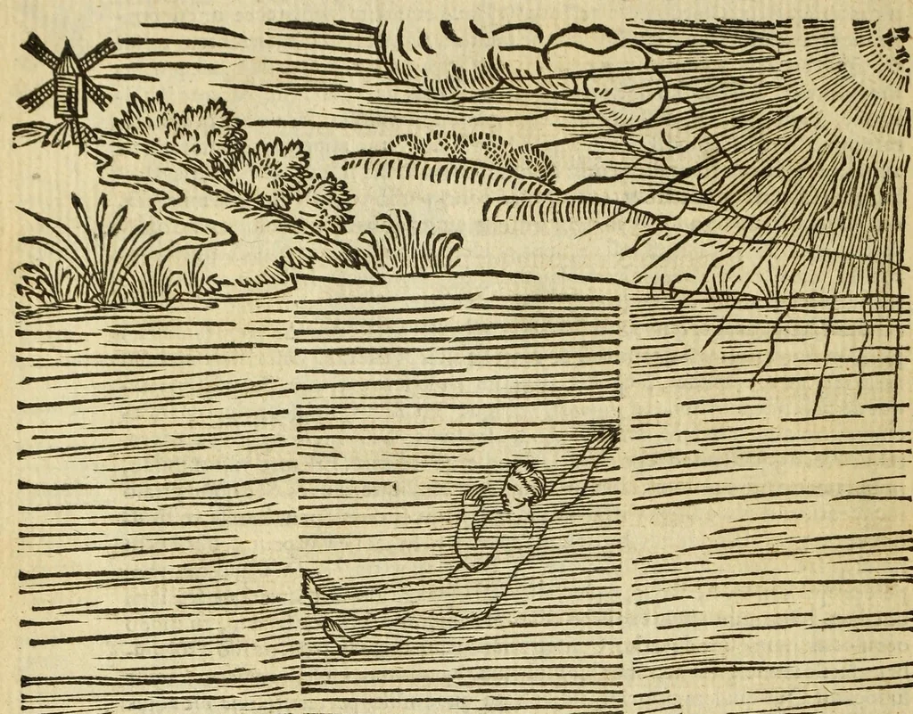 An illustration from De arte natandi libri duo : quorum prior regulas ipsius artis, posterior vero praxin demonstrationemque continet, 1587, leaf 50