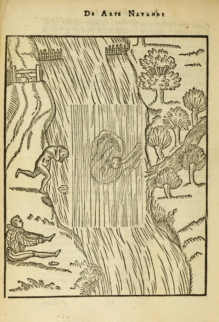 An illustration from De arte natandi libri duo : quorum prior regulas ipsius artis, posterior vero praxin demonstrationemque continet, 1587, leaf 54