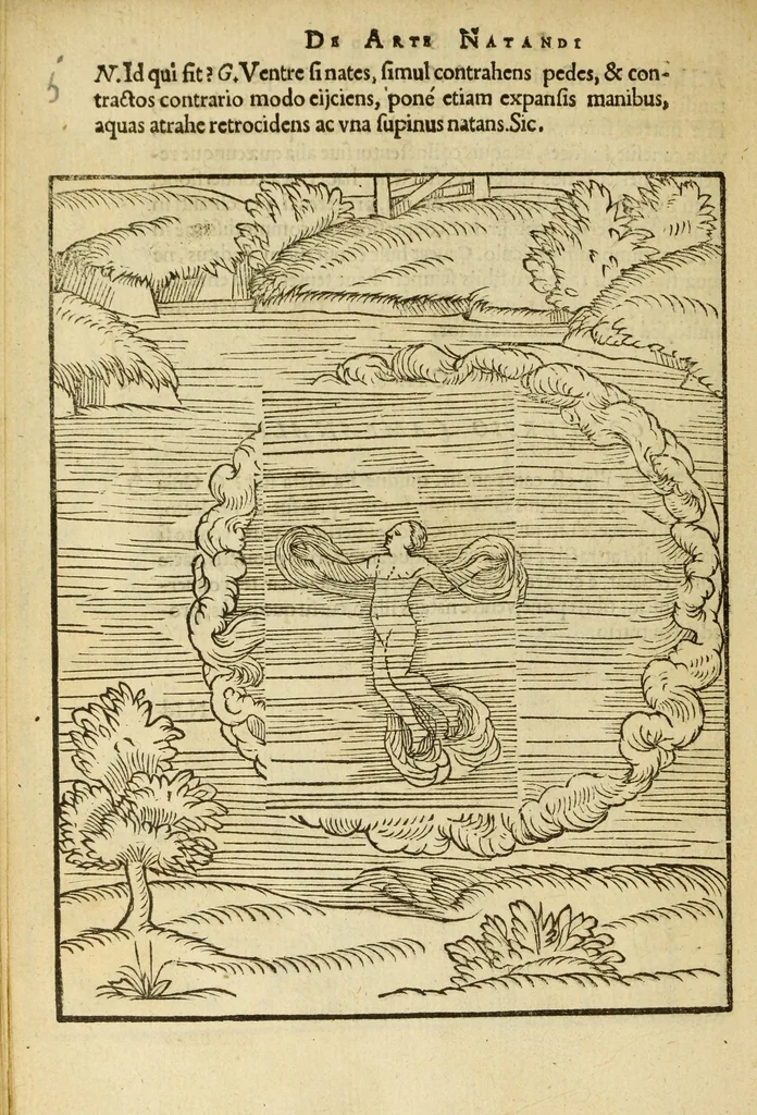An illustration from De arte natandi libri duo : quorum prior regulas ipsius artis, posterior vero praxin demonstrationemque continet, 1587, leaf 56