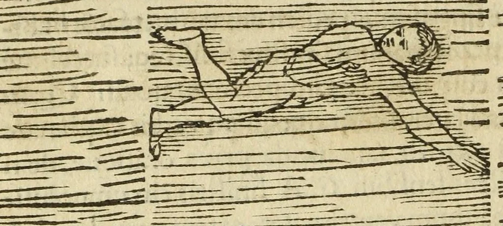 An illustration from De arte natandi libri duo : quorum prior regulas ipsius artis, posterior vero praxin demonstrationemque continet, 1587, leaf 58