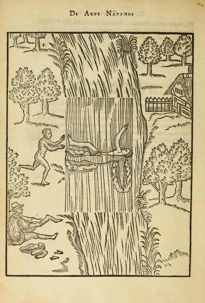 An illustration from De arte natandi libri duo : quorum prior regulas ipsius artis, posterior vero praxin demonstrationemque continet, 1587, leaf 60