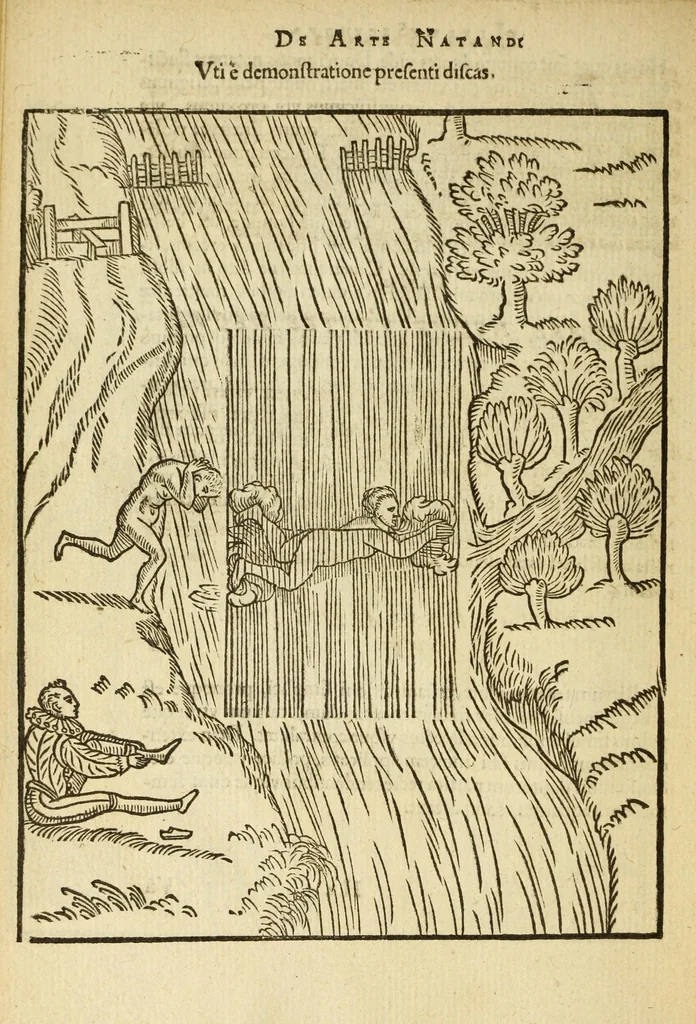 An illustration from De arte natandi libri duo : quorum prior regulas ipsius artis, posterior vero praxin demonstrationemque continet, 1587, leaf 72