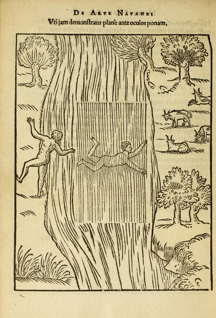 An illustration from De arte natandi libri duo : quorum prior regulas ipsius artis, posterior vero praxin demonstrationemque continet, 1587, leaf 80