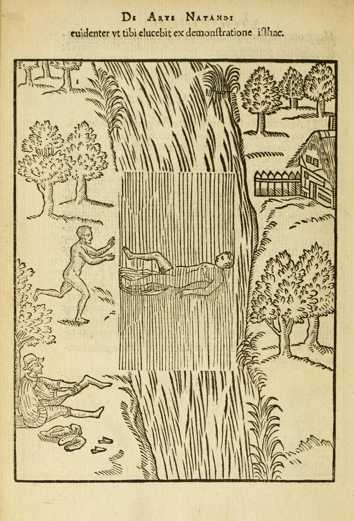 An illustration from De arte natandi libri duo : quorum prior regulas ipsius artis, posterior vero praxin demonstrationemque continet, 1587, leaf 82