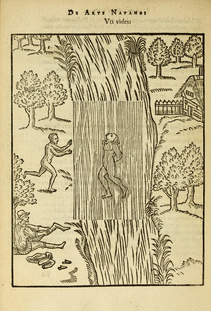 An illustration from De arte natandi libri duo : quorum prior regulas ipsius artis, posterior vero praxin demonstrationemque continet, 1587, leaf 88