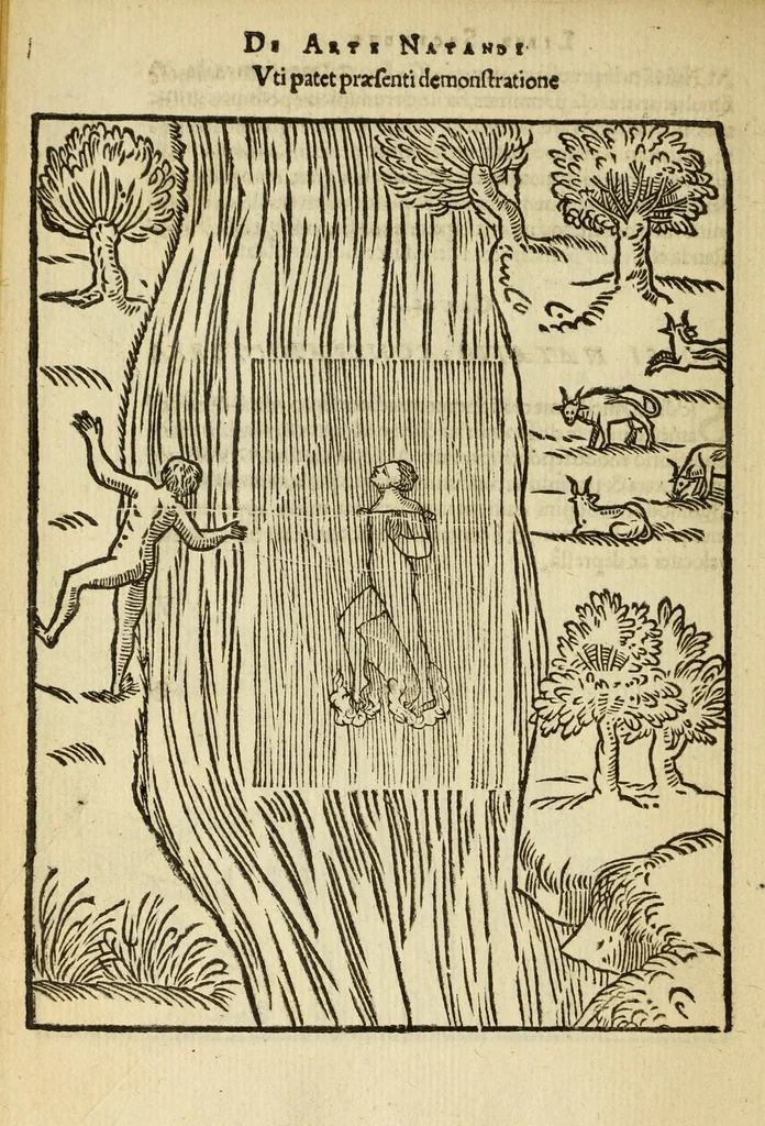 An illustration from De arte natandi libri duo : quorum prior regulas ipsius artis, posterior vero praxin demonstrationemque continet, 1587, leaf 90