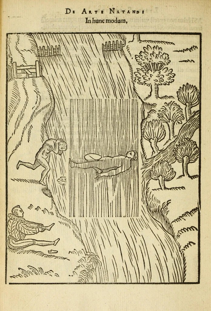 An illustration from De arte natandi libri duo : quorum prior regulas ipsius artis, posterior vero praxin demonstrationemque continet, 1587, leaf 92