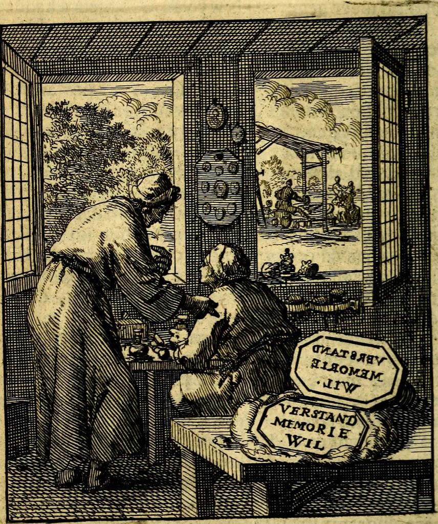 An illustration from De beginselen van Gods koninkryk in den mensch : uytgedrukt in verscheide zinne-beelden : als mede een Alleenspraake met God : benevens eenige Stigtelyke rymen, 1738, leaf 63