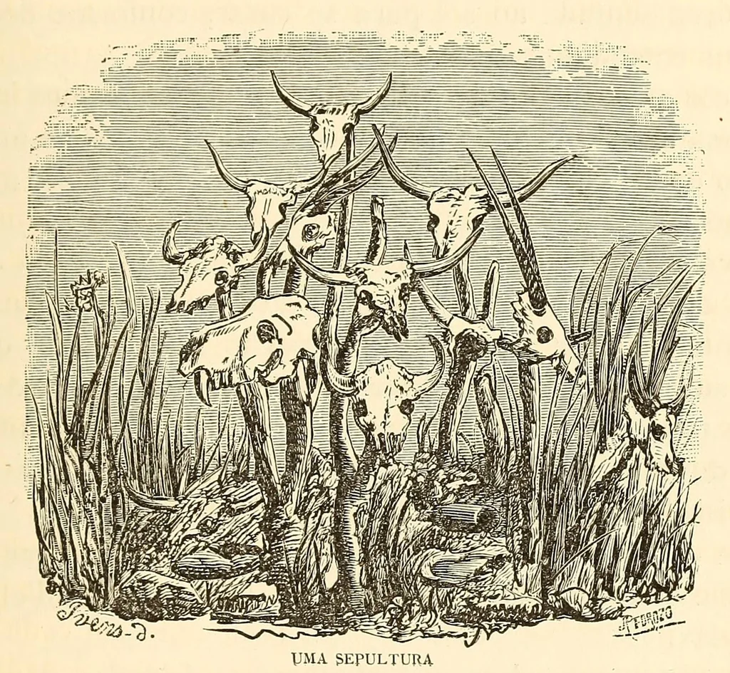 An illustration from De Benguella ás terras de Iácca; descripção de uma viagem na Africa central e occidental. Comprehendendo narrações, aventuras, e estudos importantes sobre as cabeceiras dos rios Cu-nene, Cu-bango, Lu-ando, Cu-anza e Cu-ango, e de grande parte do curso dos dois ultimos; alem da descoberta dos rios Hamba, Cauali, Sussa e Cu-gho, e larga noticia sobre as terras de Quiteca, N'bungo, Sosso, Futa, e Iácca, 1881, leaf 269