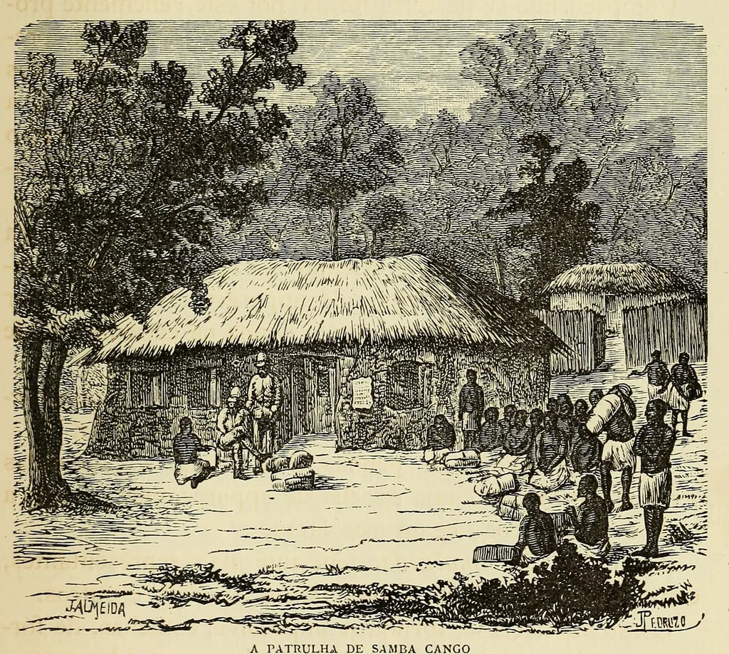 An illustration from De Benguella ás terras de Iácca; descripção de uma viagem na Africa central e occidental. Comprehendendo narrações, aventuras, e estudos importantes sobre as cabeceiras dos rios Cu-nene, Cu-bango, Lu-ando, Cu-anza e Cu-ango, e de grande parte do curso dos dois ultimos; alem da descoberta dos rios Hamba, Cauali, Sussa e Cu-gho, e larga noticia sobre as terras de Quiteca, N'bungo, Sosso, Futa, e Iácca, 1881, leaf 229