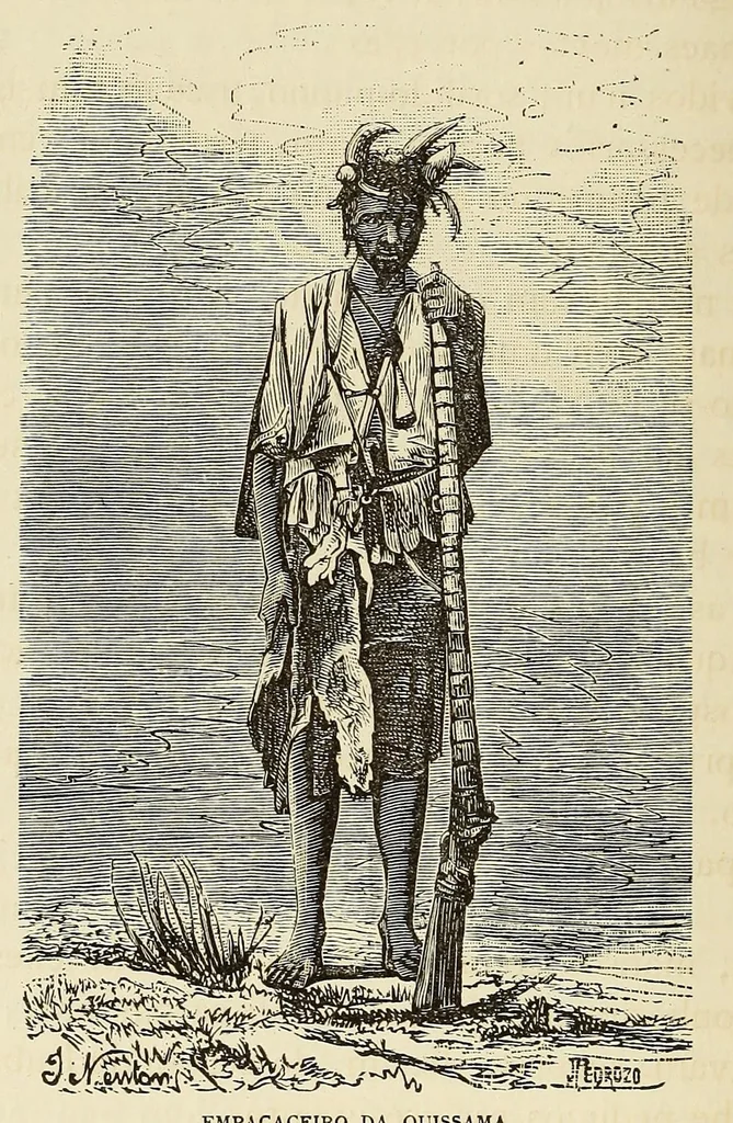 An illustration from De Benguella ás terras de Iácca; descripção de uma viagem na Africa central e occidental. Comprehendendo narrações, aventuras, e estudos importantes sobre as cabeceiras dos rios Cu-nene, Cu-bango, Lu-ando, Cu-anza e Cu-ango, e de grande parte do curso dos dois ultimos; alem da descoberta dos rios Hamba, Cauali, Sussa e Cu-gho, e larga noticia sobre as terras de Quiteca, N'bungo, Sosso, Futa, e Iácca, 1881, leaf 266