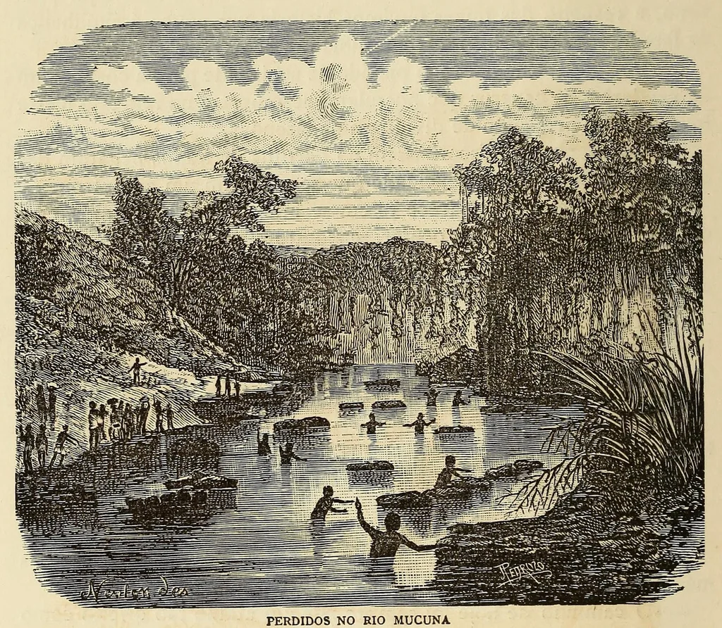 An illustration from De Benguella ás terras de Iácca; descripção de uma viagem na Africa central e occidental. Comprehendendo narrações, aventuras, e estudos importantes sobre as cabeceiras dos rios Cu-nene, Cu-bango, Lu-ando, Cu-anza e Cu-ango, e de grande parte do curso dos dois ultimos; alem da descoberta dos rios Hamba, Cauali, Sussa e Cu-gho, e larga noticia sobre as terras de Quiteca, N'bungo, Sosso, Futa, e Iácca, 1881, leaf 96