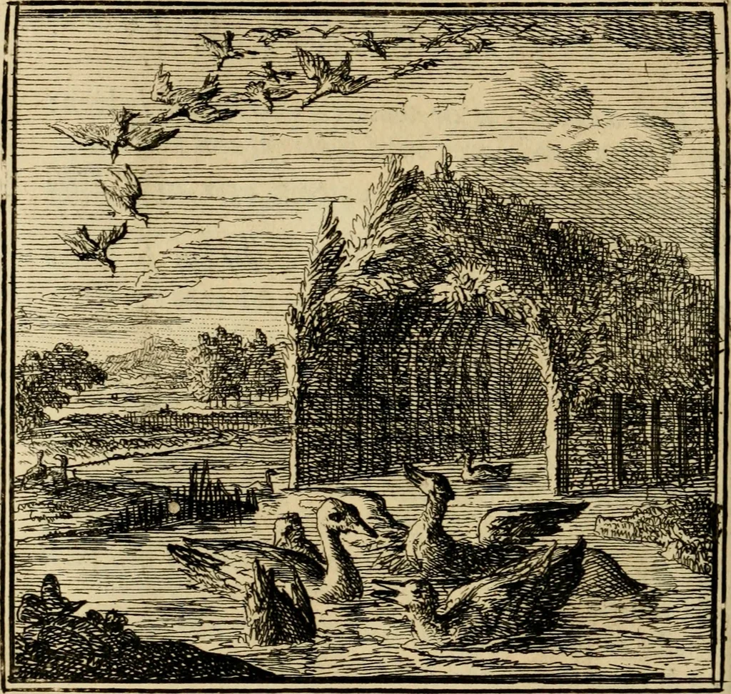 An illustration from De bykorf des gemoeds : honing zaamelende uit allerley bloemen : vervattende over de honderd konstige figuuren : met godlyke spreuken en stichtelyke verzen, 1711, leaf 105