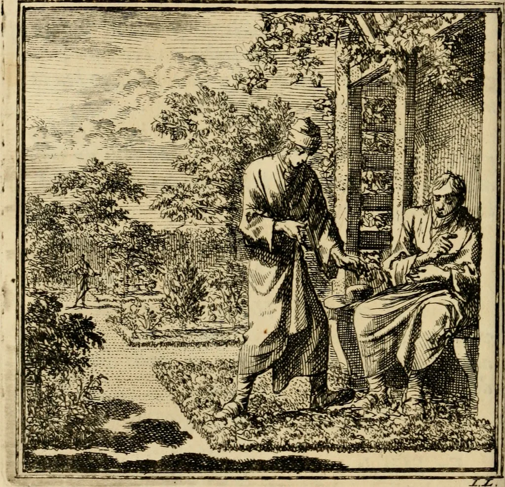 An illustration from De bykorf des gemoeds : honing zaamelende uit allerley bloemen : vervattende over de honderd konstige figuuren : met godlyke spreuken en stichtelyke verzen, 1711, leaf 117