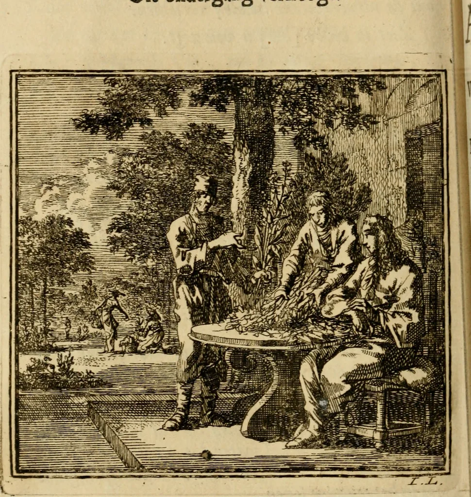 An illustration from De bykorf des gemoeds : honing zaamelende uit allerley bloemen : vervattende over de honderd konstige figuuren : met godlyke spreuken en stichtelyke verzen, 1711, leaf 317