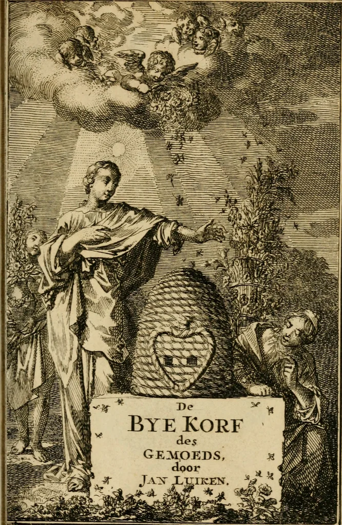 An illustration from De bykorf des gemoeds : honing zaamelende uit allerley bloemen : vervattende over de honderd konstige figuuren : met godlyke spreuken en stichtelyke verzen, 1711, leaf 6