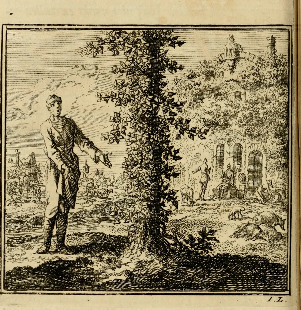 An illustration from De bykorf des gemoeds : honing zaamelende uit allerley bloemen : vervattende over de honderd konstige figuuren : met godlyke spreuken en stichtelyke verzen, 1711, leaf 69