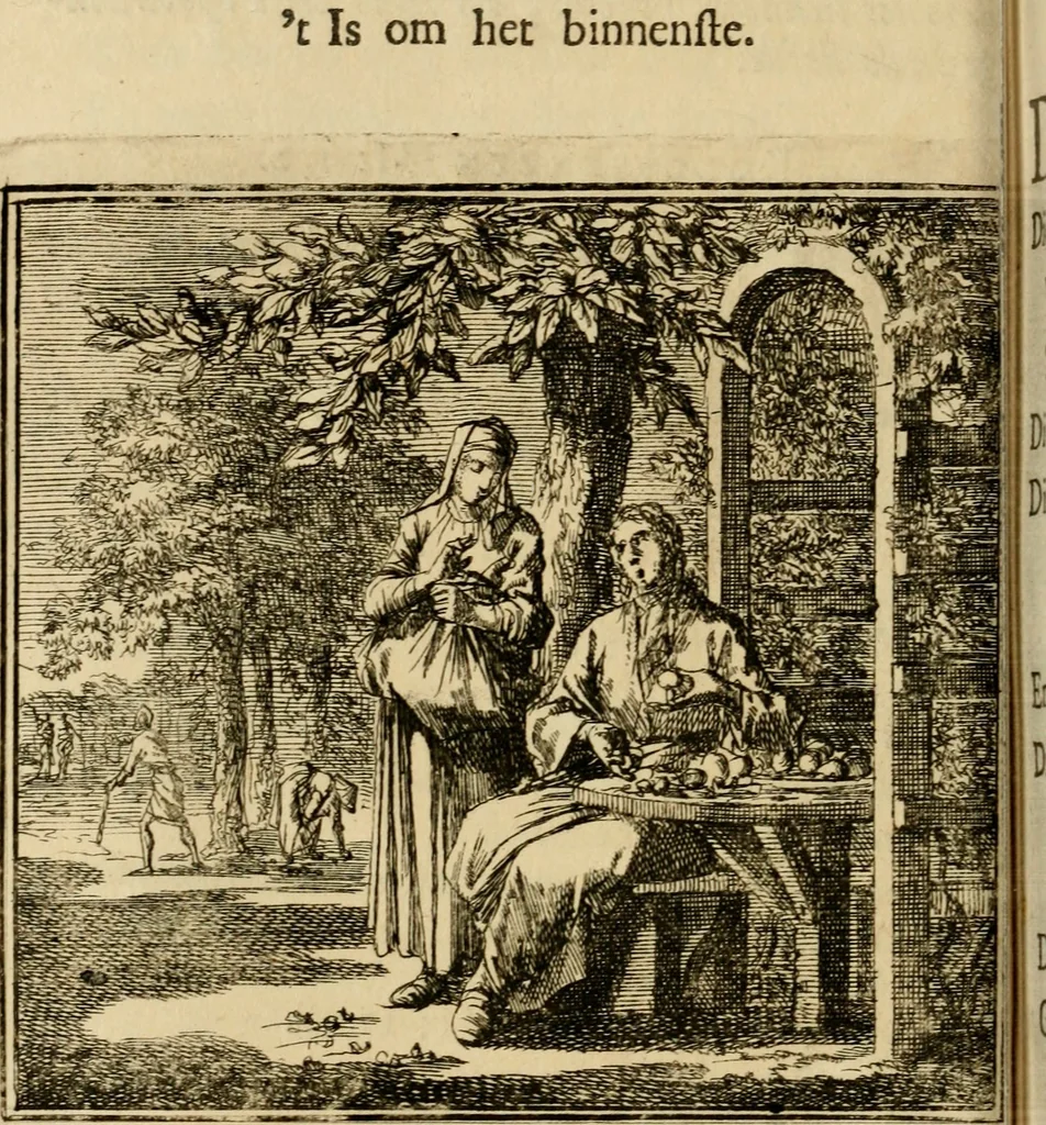 An illustration from De bykorf des gemoeds : honing zaamelende uit allerley bloemen : vervattende over de honderd konstige figuuren : met godlyke spreuken en stichtelyke verzen, 1711, leaf 73
