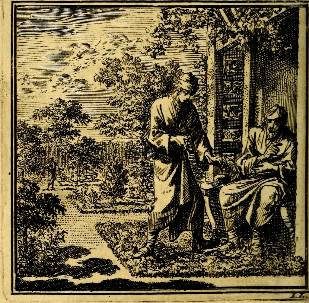 An illustration from De Bykorf des Gemoeds : Honing zaamelende uit allerley Bloemen, 1711, leaf 117