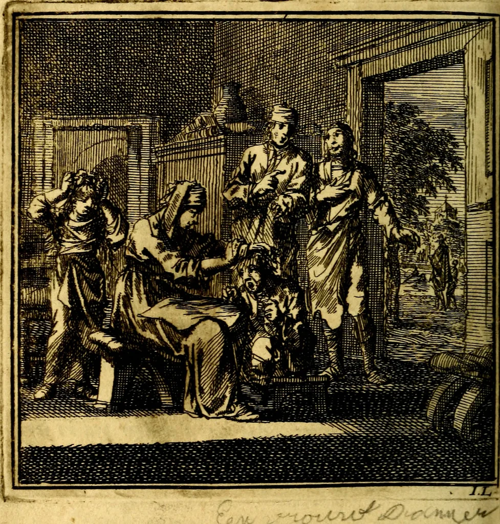 An illustration from De Bykorf des Gemoeds : Honing zaamelende uit allerley Bloemen, 1711, leaf 153