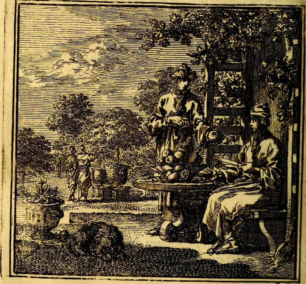 An illustration from De Bykorf des Gemoeds : Honing zaamelende uit allerley Bloemen, 1711, leaf 385