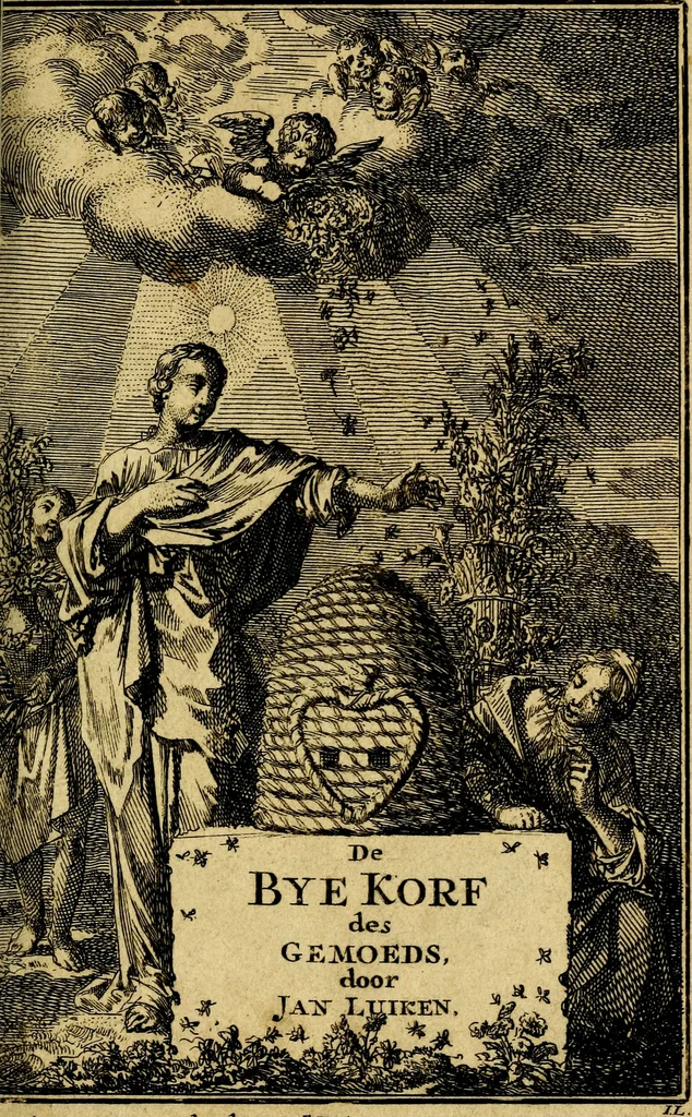 An illustration from De Bykorf des Gemoeds : Honing zaamelende uit allerley Bloemen, 1711, leaf 6